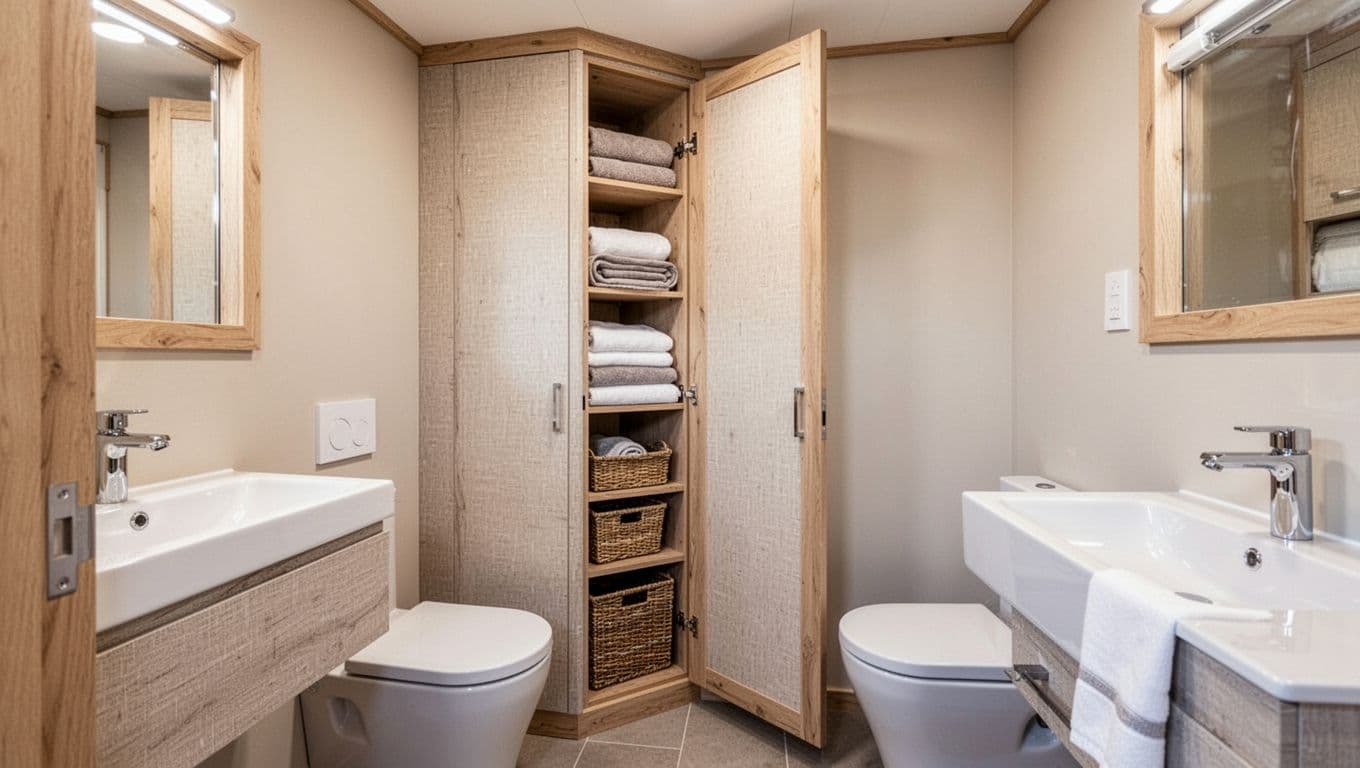Slim custom linen tower built-in cabinet in a tight corner of a compact tiny house bathroom next to the toilet, with a hidden closet door blending seamlessly into the neutral wall, slightly open to reveal stacked towels and baskets on internal shelves.
