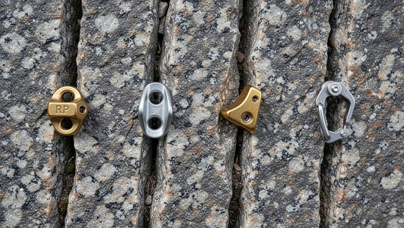 Four small climbing protections including a brass RP nut, aluminum stopper, offset brass nut, and micro cam are placed in separate thin granite cracks, pin scars, and flares on a detailed quartz-flecked rock surface under natural daylight.