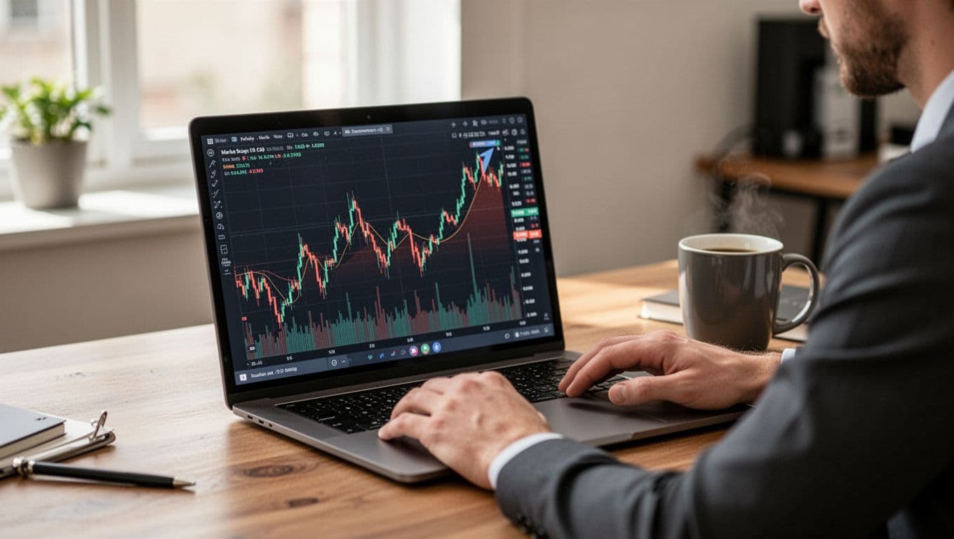 A small investor in a home office reviews an early-stage crypto chart with low market cap, showing upward trends and volatility spikes, seated at a desk with laptop and coffee mug nearby, realistic natural daylight photography.
