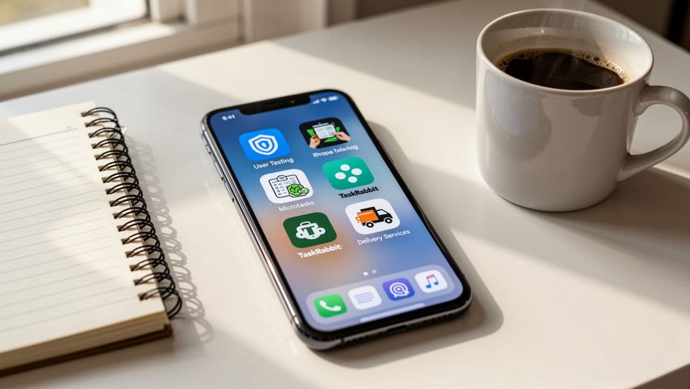 Smartphone home screen displaying icons for gig apps like user testing, microtasks, TaskRabbit, and delivery services on a clean desk with notebook and coffee mug in natural morning light, realistic photography style.