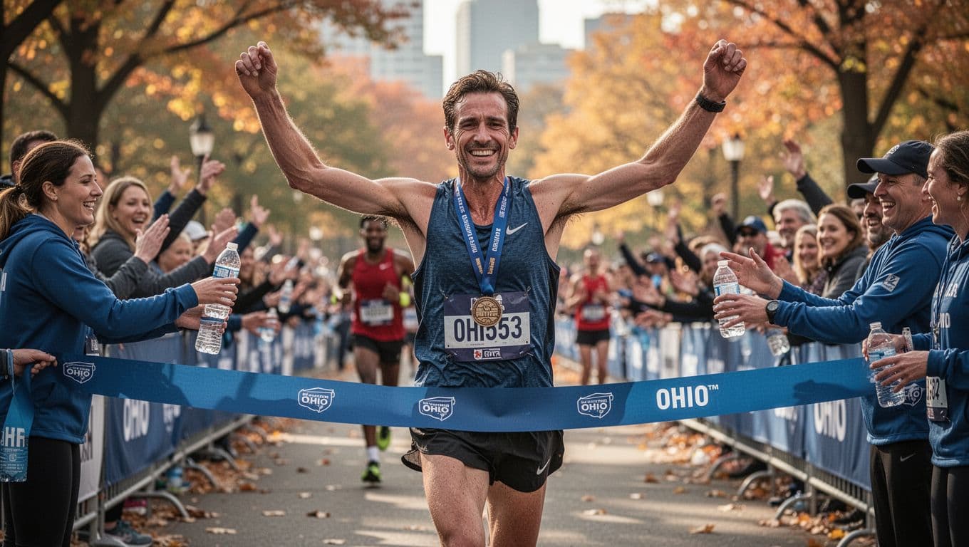 A tired but smiling marathon runner with arms raised and medal around neck crosses the finish line of an Ohio race in Columbus or Cleveland, surrounded by a cheering crowd and volunteers in a fall or spring urban park under natural daylight.