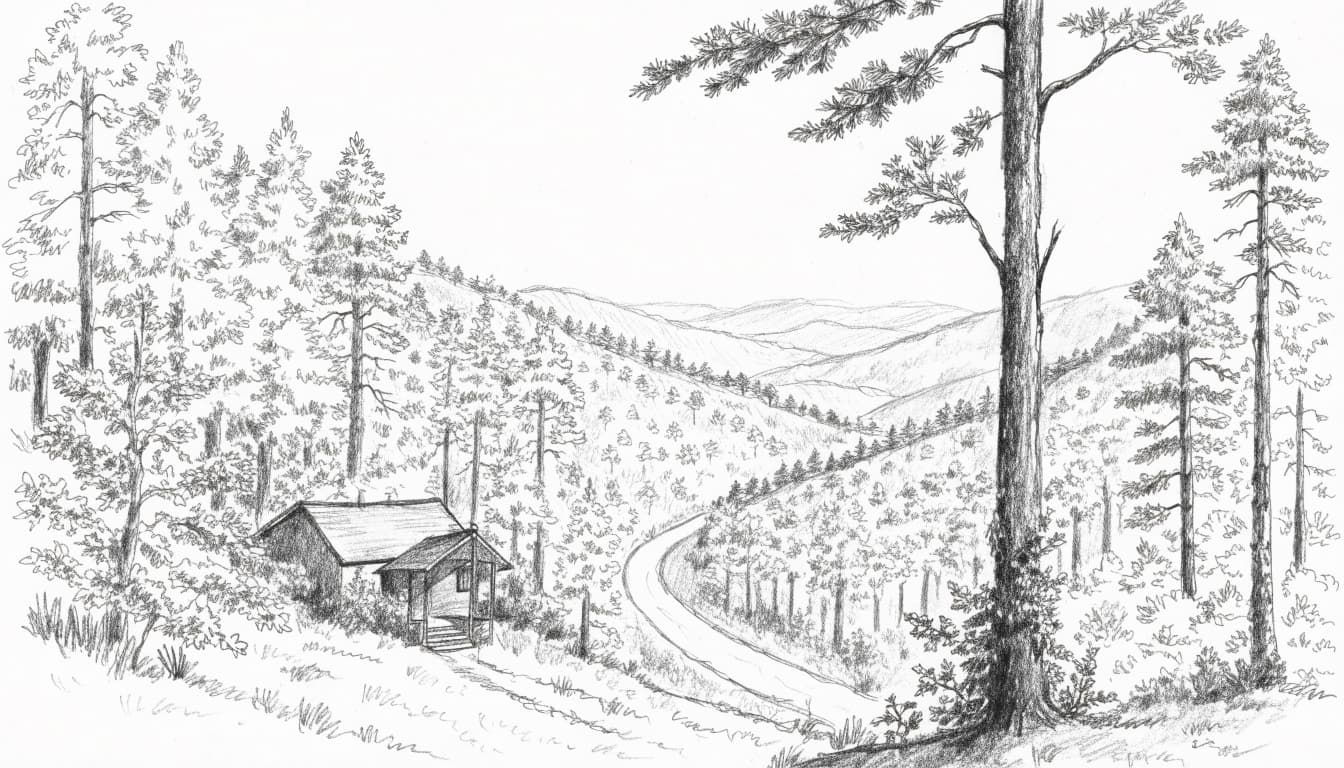 A graphite sketch of a small cabin nestled among trees on a wooded mountain slope with a winding road.