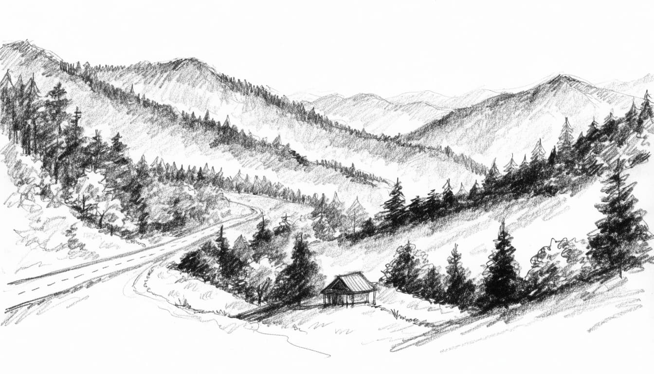 A pencil sketch of a tiny cabin in a mountain valley with trees and a winding road.
