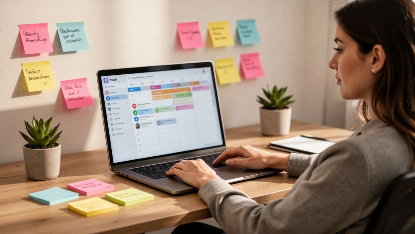 Modern home office desk setup with a laptop displaying a blurred social media scheduler, a relaxed side-profile person planning posts, colorful sticky notes, simple plant, and warm natural lighting.
