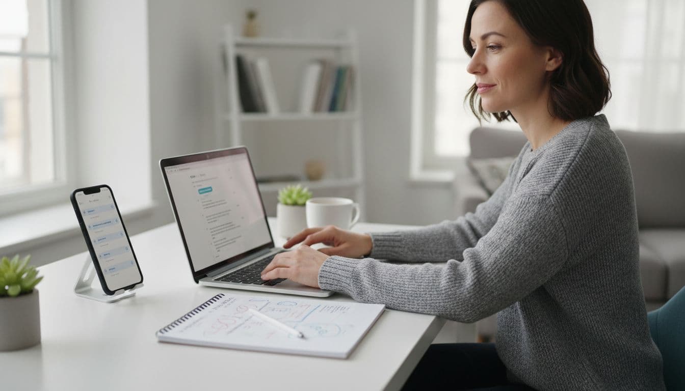 A solo entrepreneur sits at a modern simple desk, typing outreach messages on a laptop with a smartphone propped nearby and a notepad of contacts and notes. The determined yet calm expression captures the essence of validating online business demand under soft natural window lighting.