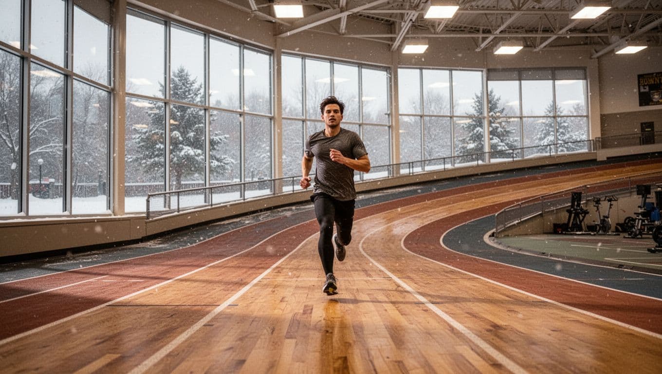 A solo runner jogs at an easy pace on a banked indoor track in a Minnesota gym during winter, with large windows showing snowy outdoors and warm overhead lighting illuminating the relaxed posture.