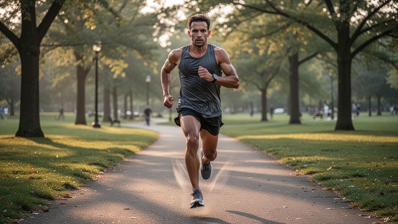 A determined solo runner mid-stride on a scenic park trail at dawn, athletic build, wearing running shoes and fitness tracker watch, sweat on forehead, dynamic leg motion blur, soft morning light.