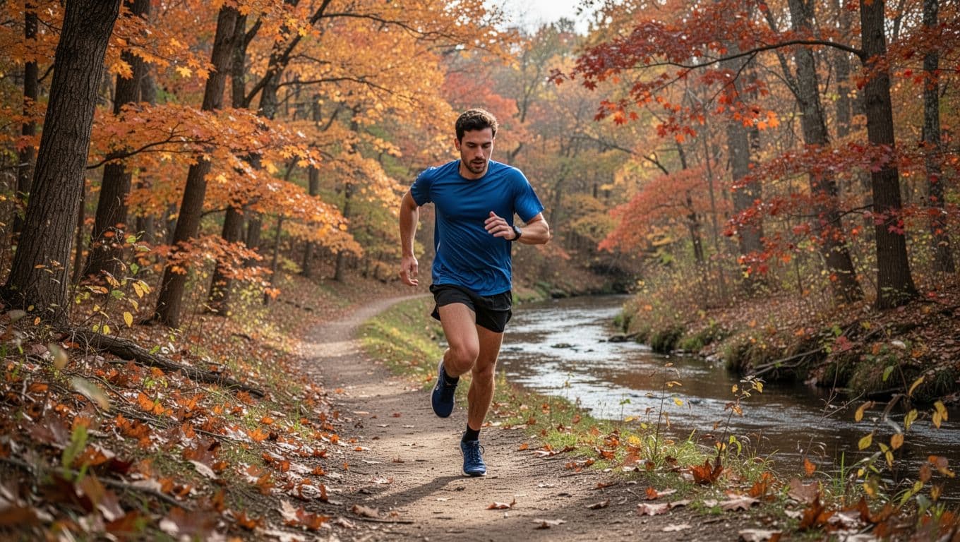 Solo runner powering up a gentle hill during fartlek workout on wooded Minnehaha Creek trails in Minneapolis, surrounded by vibrant orange and red fall foliage, dynamic forward motion in natural daylight.