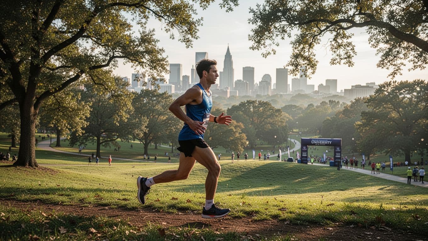 A determined solo runner strides up a rolling hill in Piedmont Park during the Atlanta Half Marathon, surrounded by lush green trails and trees under morning sunlight, with Buckhead skyline and Georgia Tech finish in the distance.