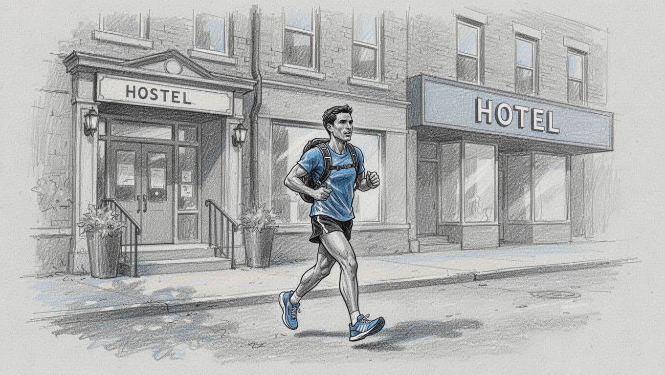 A solo runner with a backpack outside modest Toronto lodging.