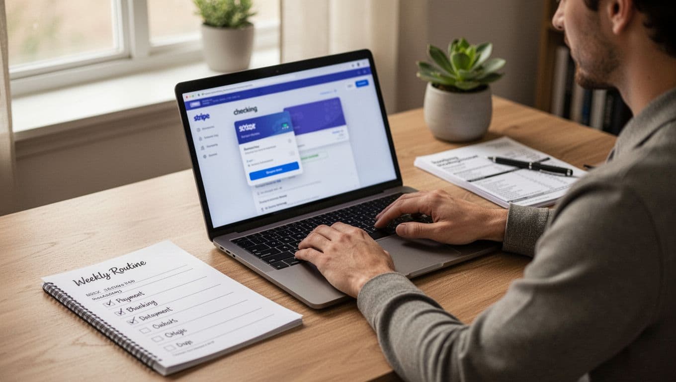 A focused solopreneur sits at an organized home office desk, connecting a payment processor on a laptop displaying a blurred Stripe dashboard. Nearby, a separate business checking account statement and a simple notebook with weekly routine checklist are visible under soft window lighting.
