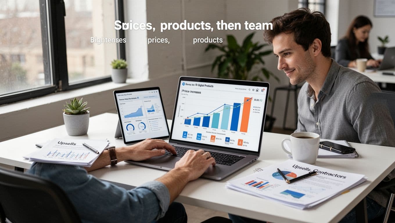 Confident solopreneur at a modern desk reviews laptop charts displaying revenue growth from price increases and new digital products, with notes on upsells and contractors, in natural daylight and realistic style.