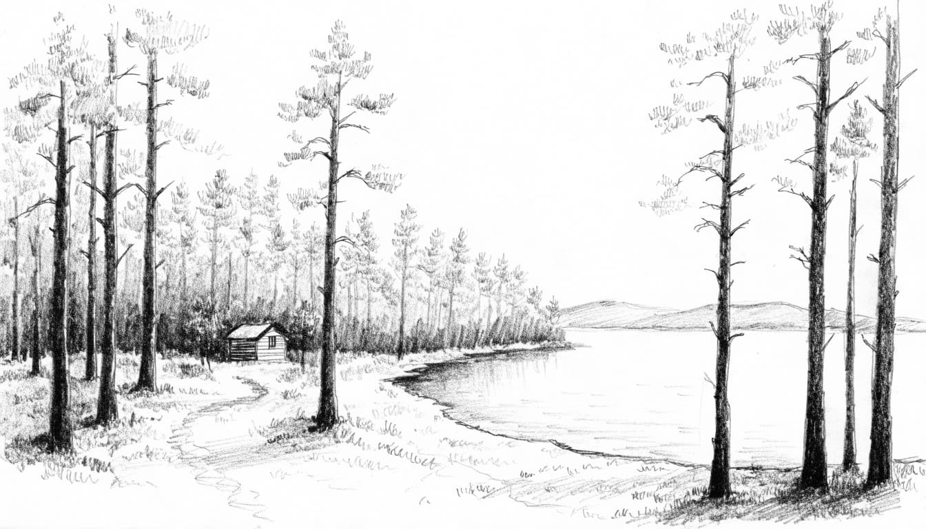 A graphite sketch of a small cabin nestled among tall pine trees near a quiet lake shore.