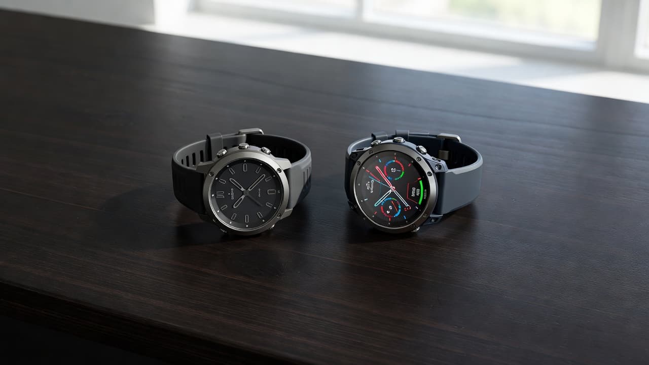 Two premium sports watches rest on a dark wooden surface. The minimalist matte model on the left sits beside a sleek device featuring a vibrant, high-resolution digital display under bright light.