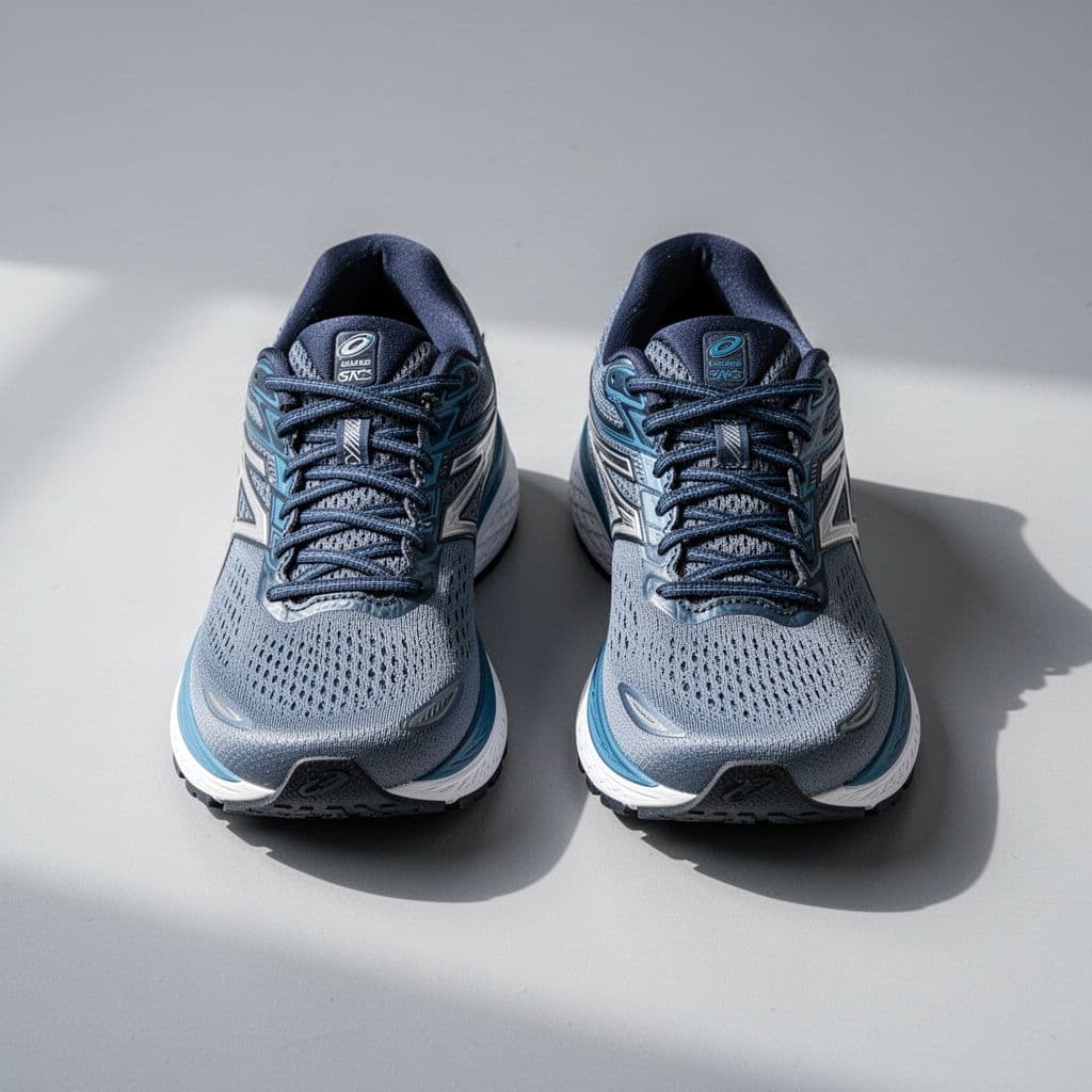 Two professional stability running shoes sit side-by-side on a neutral light gray studio surface. The soft lighting highlights the texture and structural design of each trainer for a clear side-by-side assessment.