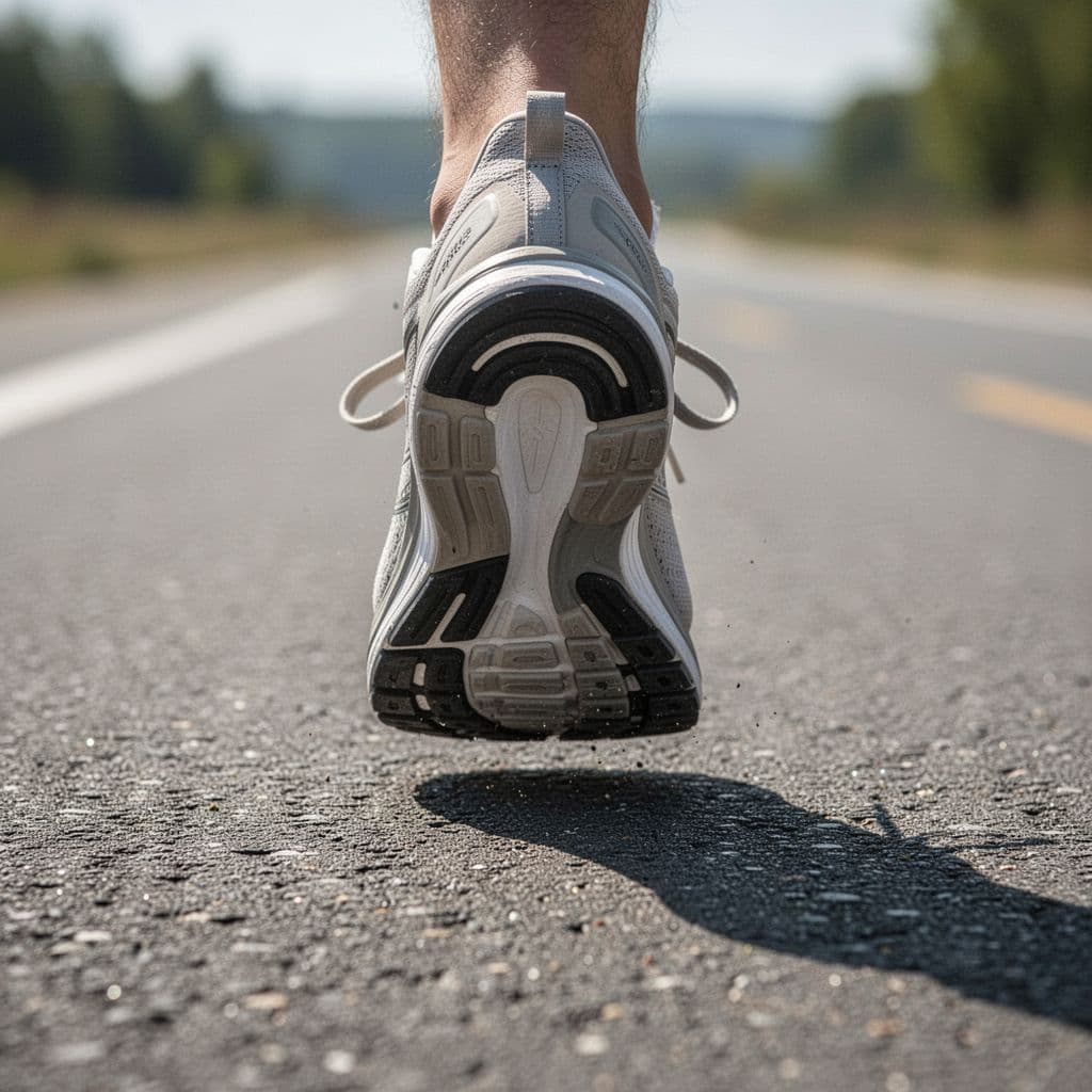 A close-up view of a neutral running shoe making contact with dark asphalt. The wide, flat midsole design is clearly visible, emphasizing a broad, stable footprint for balanced movement on the road.