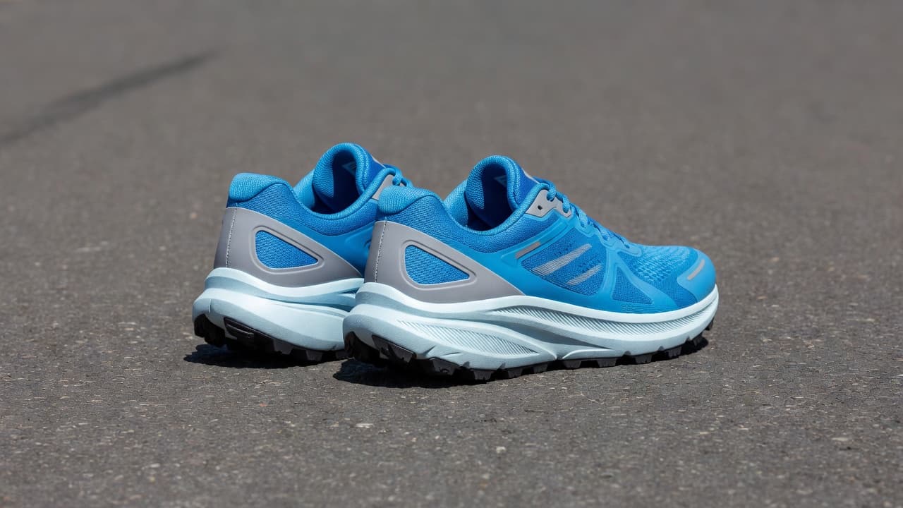 A pair of clean, high-performance running shoes sits on gray asphalt. The frame emphasizes the firm midsole architecture and thick heel support designed for reliable balance during daily training runs.