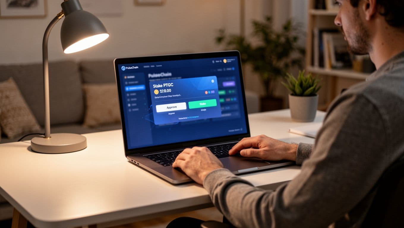 One person sits at a modern desk in a cozy home office using a laptop to stake PTGC tokens on PulseChain, with a blurred staking dashboard showing approve and stake buttons, hands relaxed on keyboard under soft desk lamp lighting.