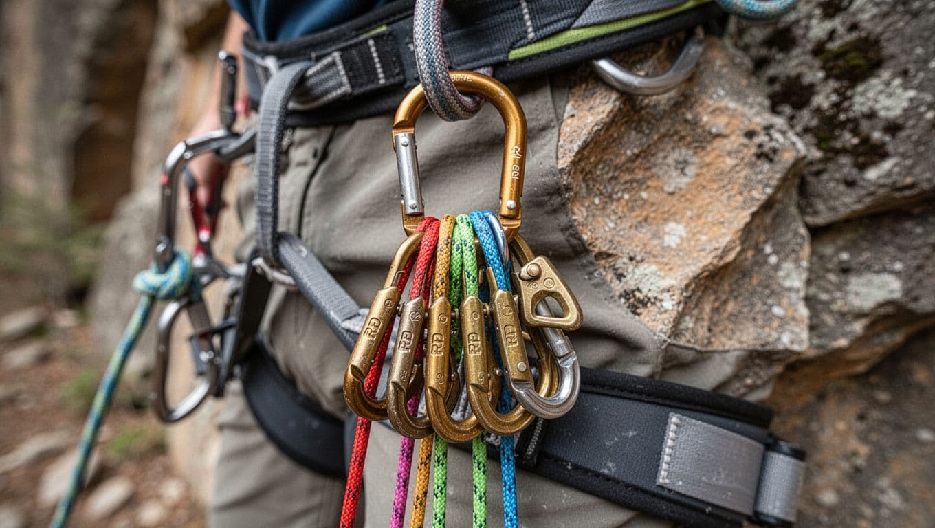 Close-up of a climber's harness gear loop featuring a starter rack of six mid-size brass RP climbing nuts neatly arranged by size on a small oval carabiner, against a slightly blurred natural outdoor crag background in daylight.