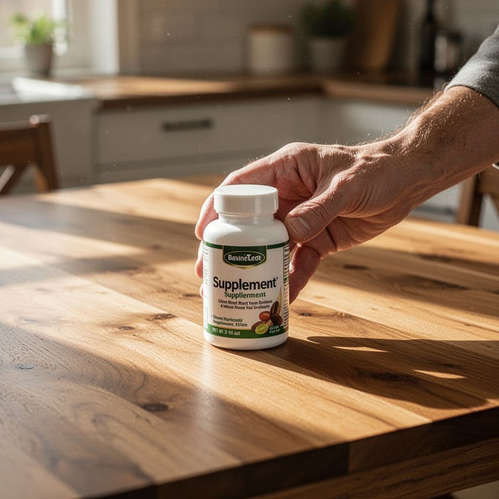 A person places a supplement bottle on a wooden kitchen table during a sunny morning.