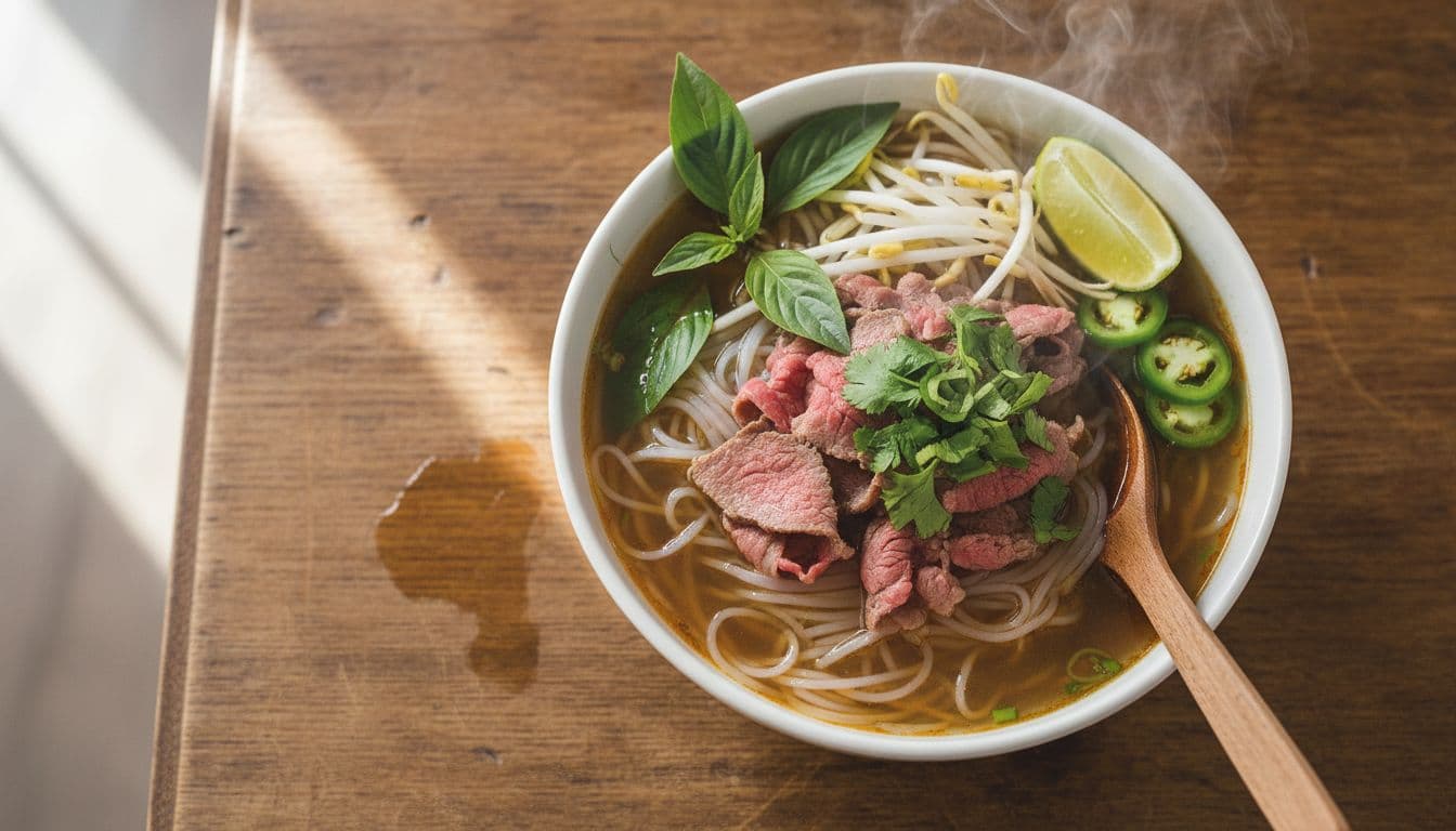Steaming bowl of authentic Vietnamese pho with clear aromatic beef broth, thin rice noodles, tender beef slices, fresh basil, cilantro, bean sprouts, lime wedge, and sliced jalapeno on a rustic wooden table under soft natural lighting.