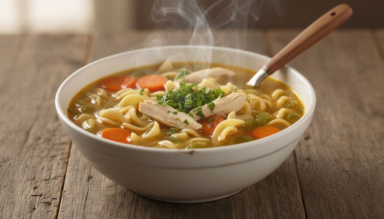 Steaming bowl of classic chicken noodle soup with tender shredded chicken, curly egg noodles, sliced carrots, celery in clear golden broth, topped with fresh parsley on a rustic wooden table under soft warm lighting.