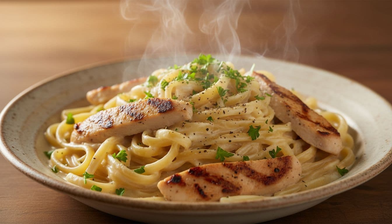 Close-up view of a steaming plate of creamy chicken alfredo pasta with tender grilled chicken slices in silky white sauce coating fettuccine noodles, garnished with fresh parsley and cracked black pepper.