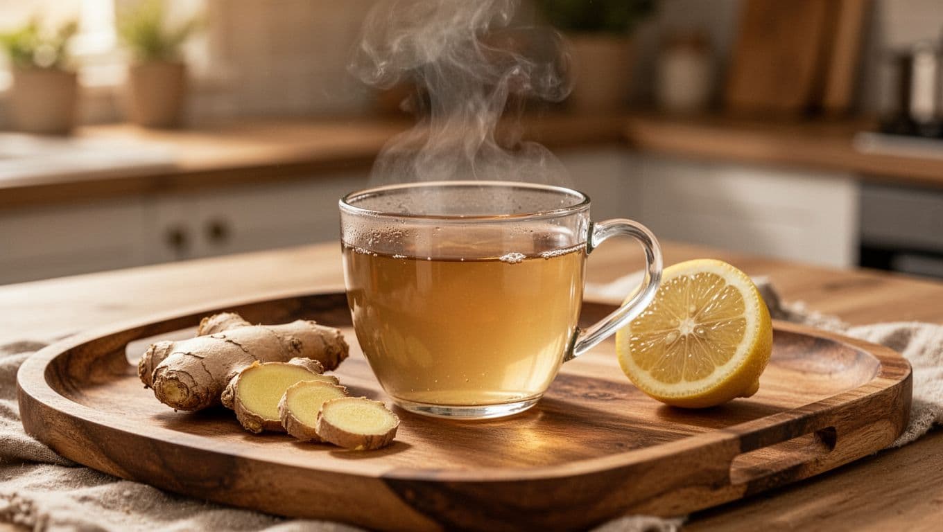 Steaming cup of ginger tea with sliced fresh ginger root and lemon on a wooden tray in a cozy kitchen, warm lighting, photorealistic.