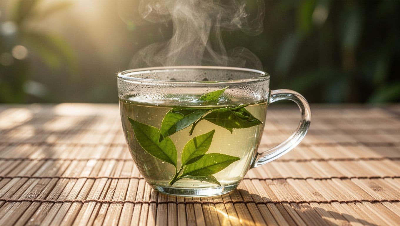 Steaming clear glass cup of brewed green tea with fresh green leaves floating inside, placed on a bamboo mat in soft morning sunlight, photorealistic style.