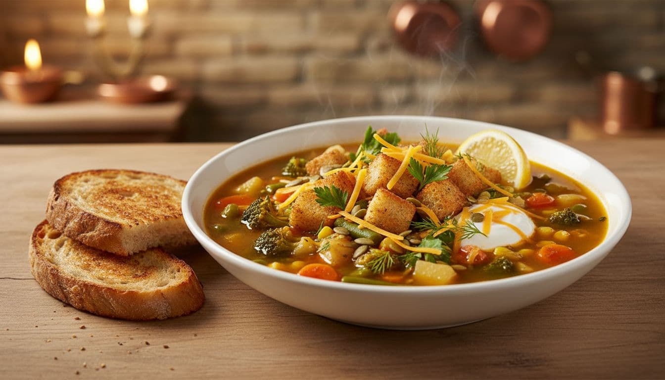 Steaming bowl of mixed vegetable soup in a white ceramic bowl on a wooden table, topped with golden croutons, fresh chopped green herbs, toasted pumpkin seeds, melting shredded orange cheddar cheese, dollop of plain yogurt, and a lemon wedge, with sides of toasted bread slices in a cozy kitchen.