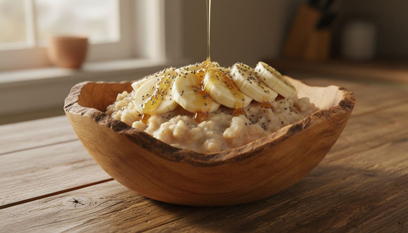 A close-up view of a wooden bowl filled with steel-cut oats topped with sliced bananas, a drizzle of honey, and a sprinkle of chia seeds on a rustic kitchen table.