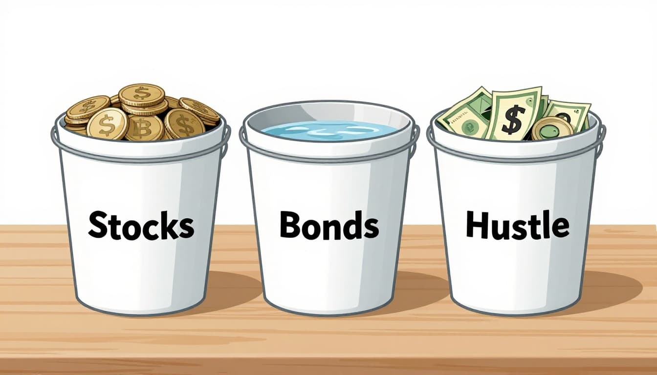 Three labeled buckets on a wooden table illustrate investment options: stocks overflowing with coins, bonds maintaining a steady water level, and side hustle featuring freelance icons, in a simple illustrative style with bright lighting.