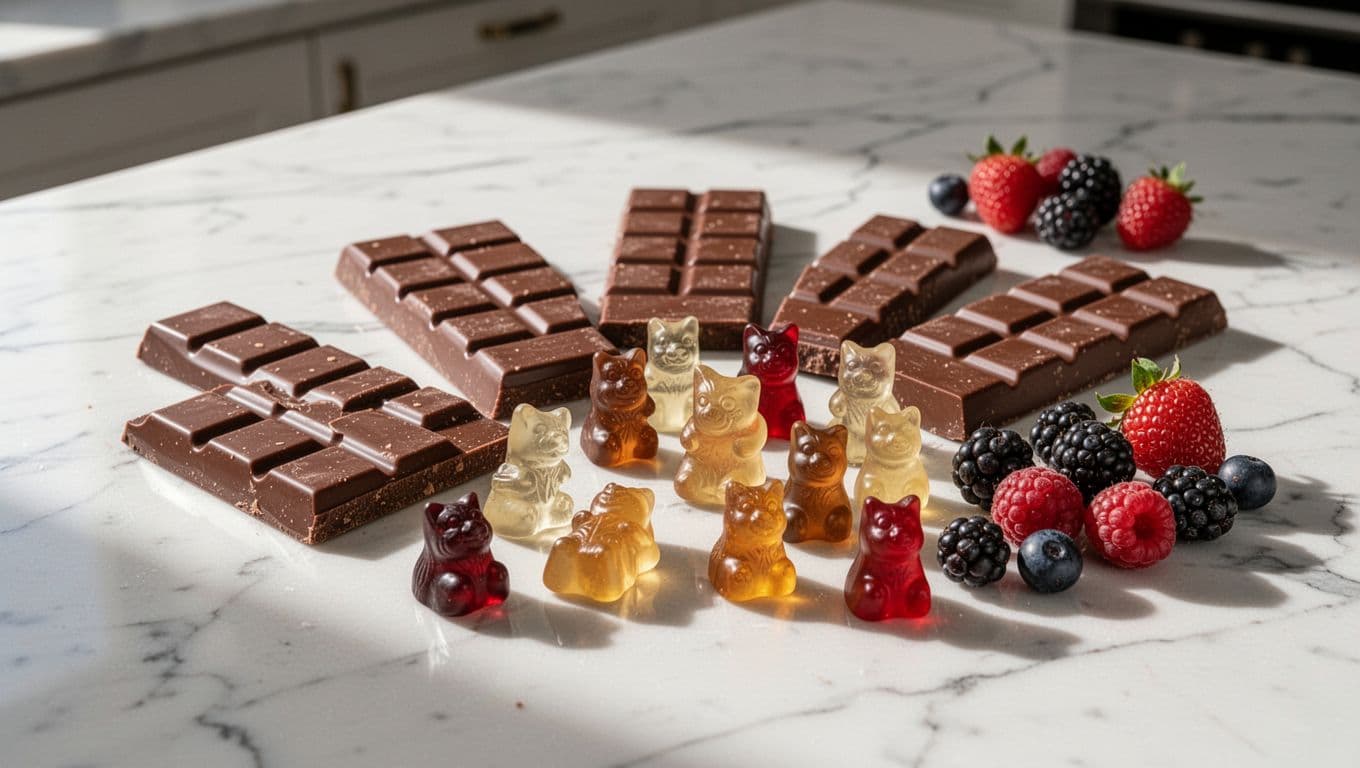 Assortment of sugar-free chocolate bars and gummy candies arranged on a marble kitchen counter with fresh berries nearby, captured in close-up appetizing food photography under natural daylight.