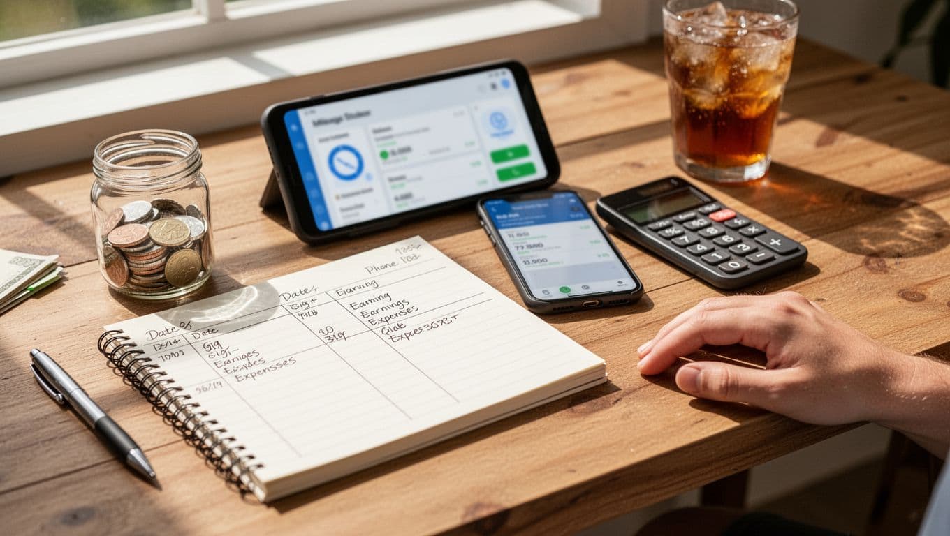 Closeup of a sunny wooden desk with an open spiral notebook showing basic gig log columns, coin jar, blurred mileage tracker app on smartphone, pen, calculator, iced tea, and one relaxed hand, in bright natural light.