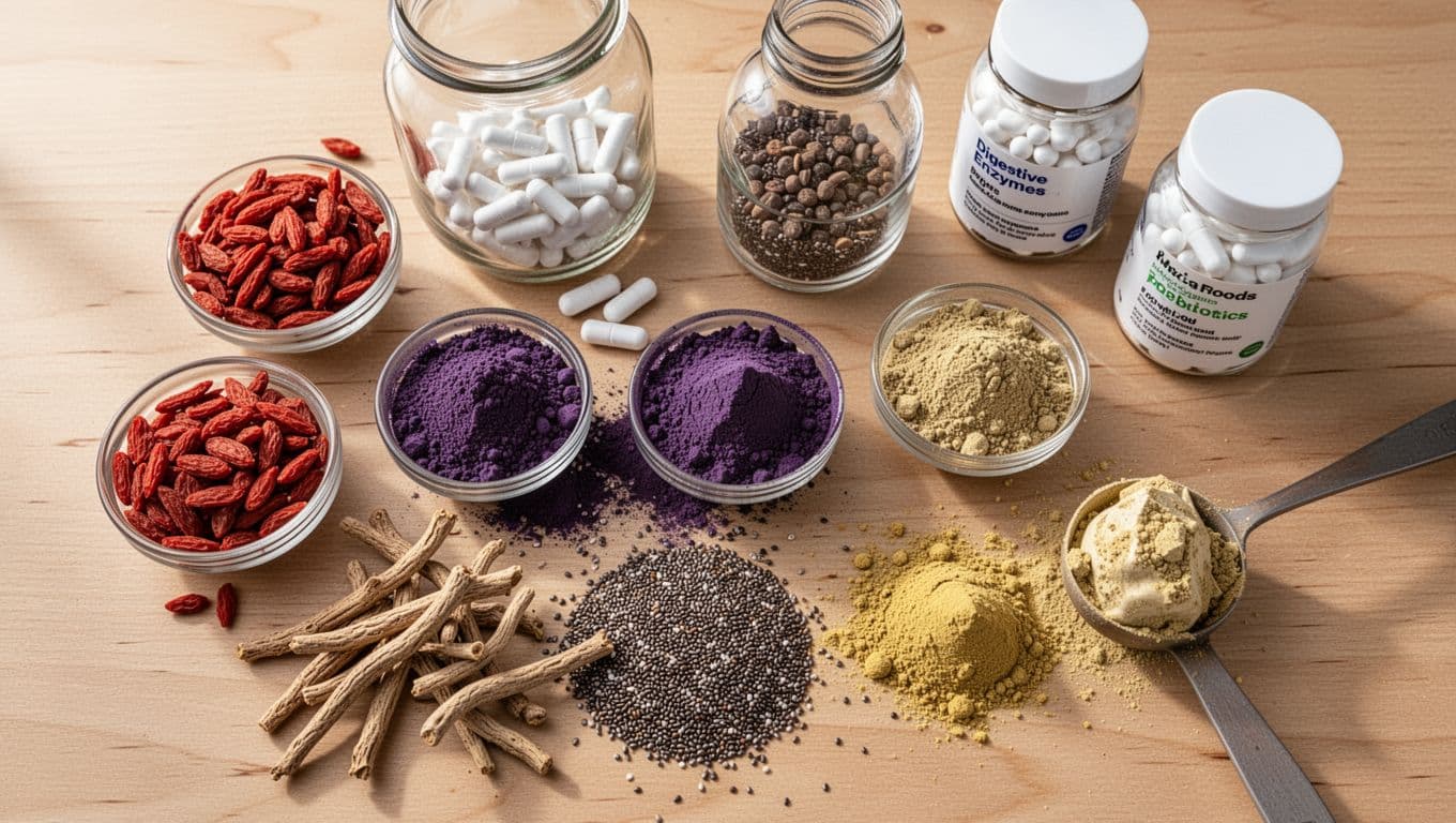 Vibrant top-down flat lay of superfoods including goji berries, acai powder, chia seeds, ashwagandha root, maca powder on a wooden surface, with digestive enzymes and probiotics in glass jars, photorealistic style.