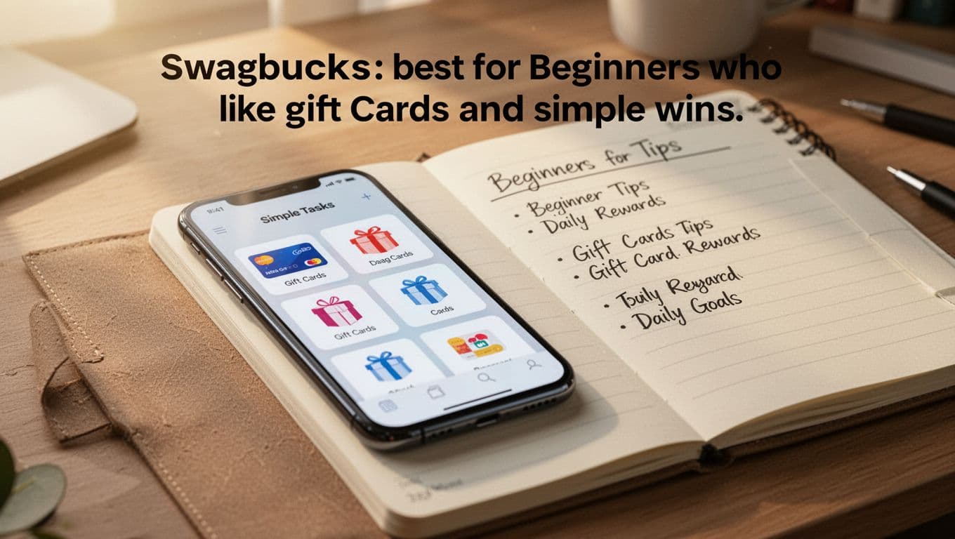 Realistic home workspace bathed in soft morning light, with a smartphone displaying simple task icons like gift cards and daily goals, alongside a notebook listing beginner tips. No text on screen, one phone only, no hands or people.