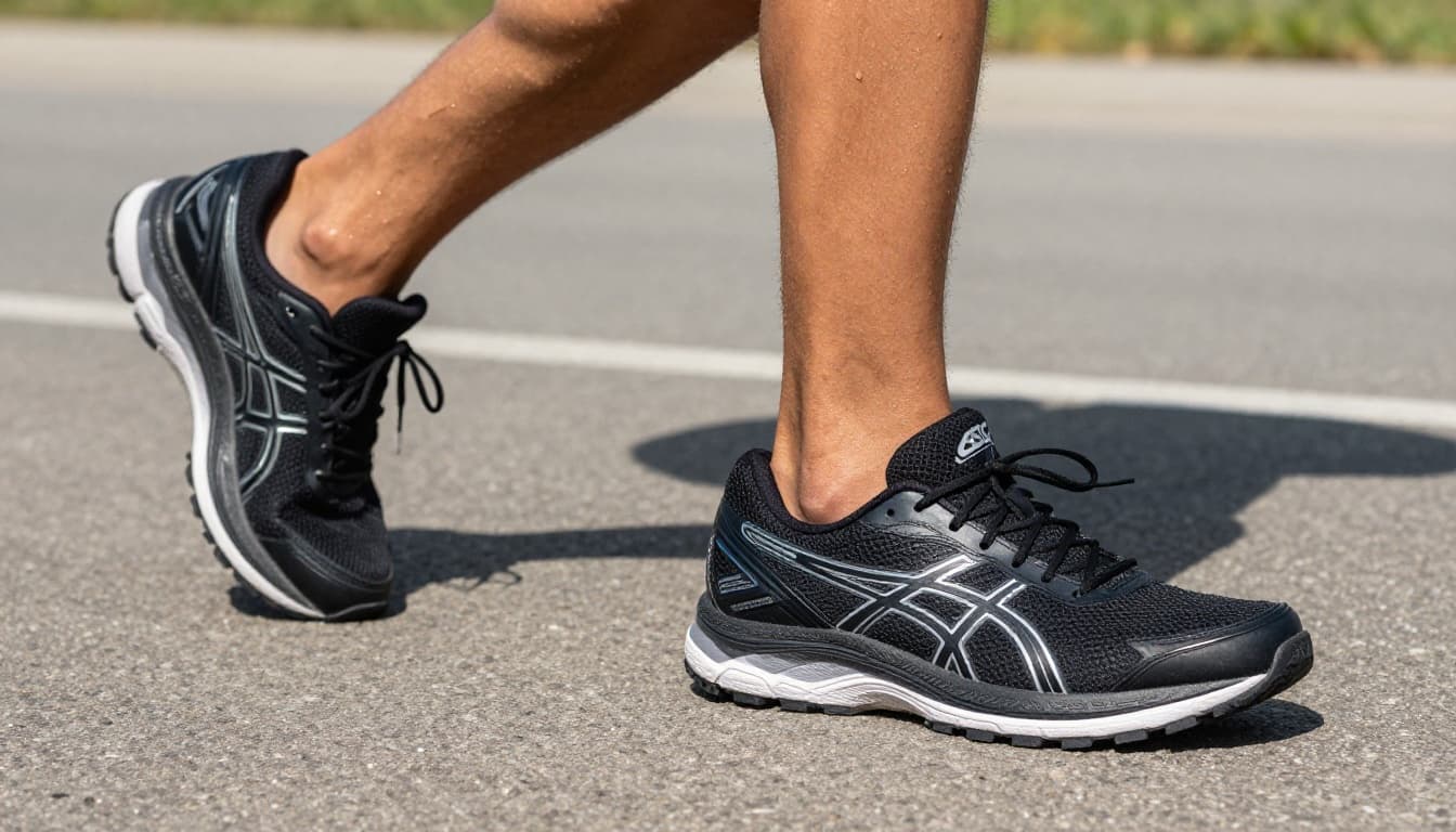 Athletic mid-30s man jogs on sunny trail, sweat on forehead and arms, black ASICS GT-1000 13 shoes show mesh upper and sidewalls.
