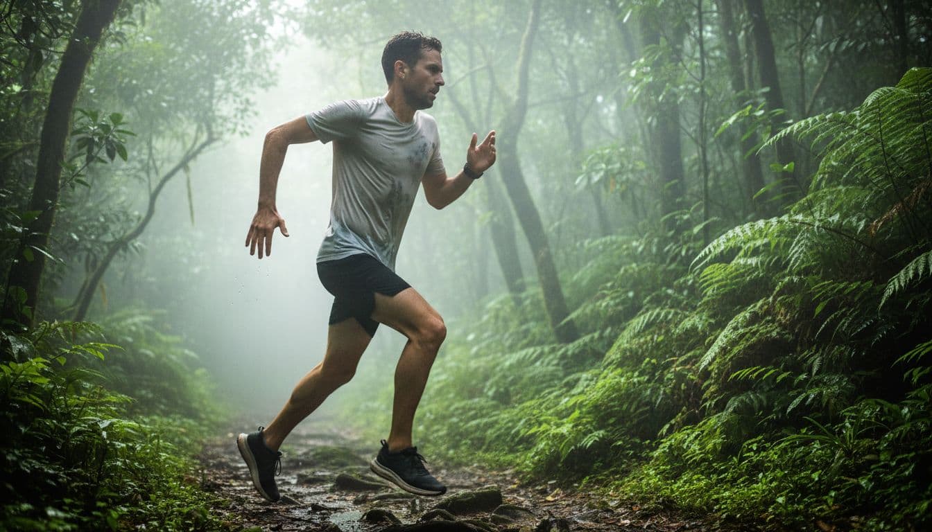 A lone runner captured mid-stride on a humid trail run, sweat dripping visibly from face, arms, and shirt amid misty atmosphere and lush greenery, emphasizing dehydration risks.