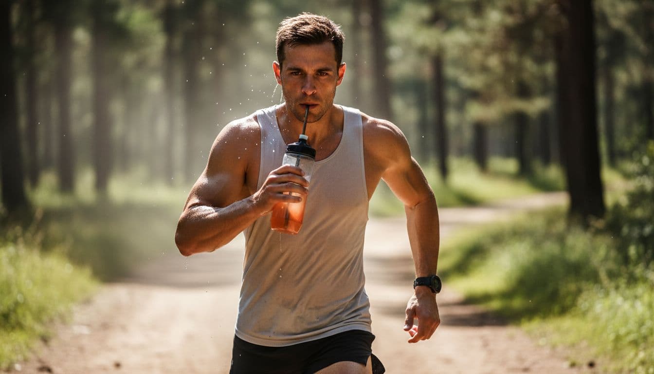 Muscular runner mid-stride on sunny trail, sweat dripping from forehead and arms.