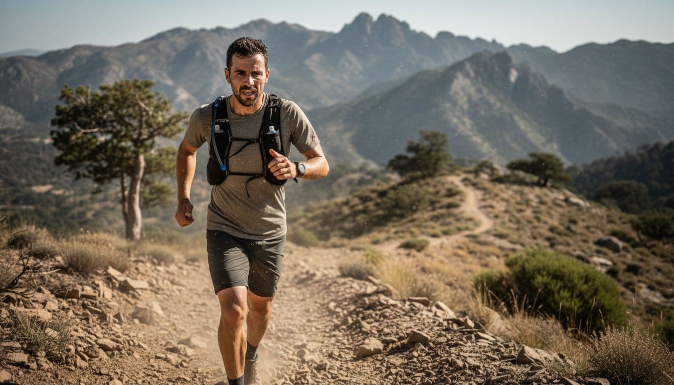 Trail runner sweats profusely on rugged mountain path under bright sun, arms pumping forward.