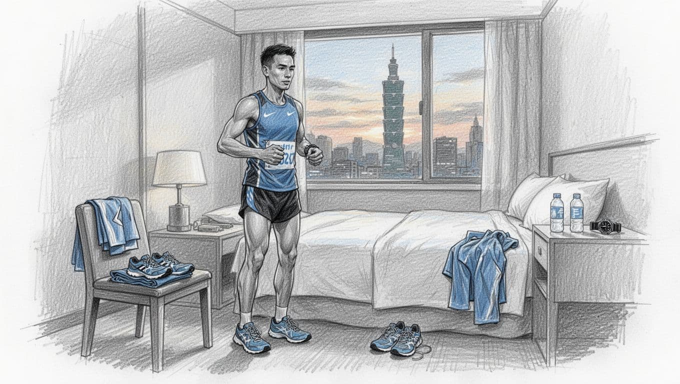 A runner prepares race gear in a hotel room overlooking Taipei 101.