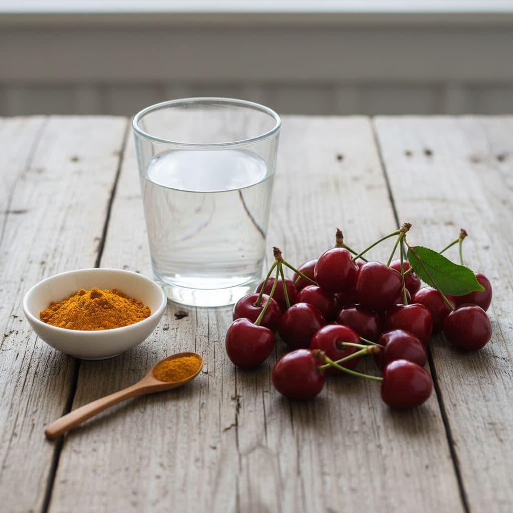 Fresh tart cherries, a small bowl of turmeric powder, and water sit on a wooden table.