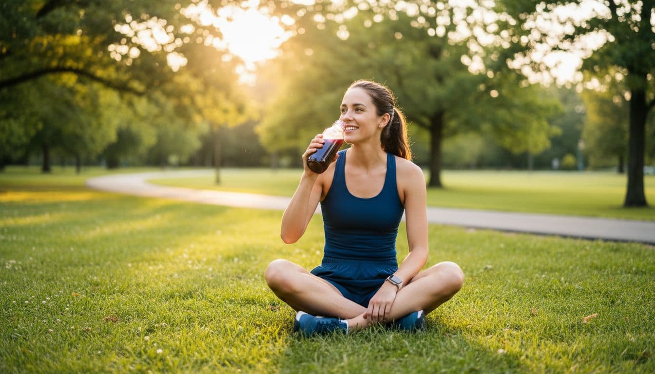 A happy runner in athletic wear sits on grass in a park after a run, legs stretched out relaxed with no soreness, holding and sipping a bottle of tart cherry juice, looking refreshed in photorealistic style with natural soft sunlight.