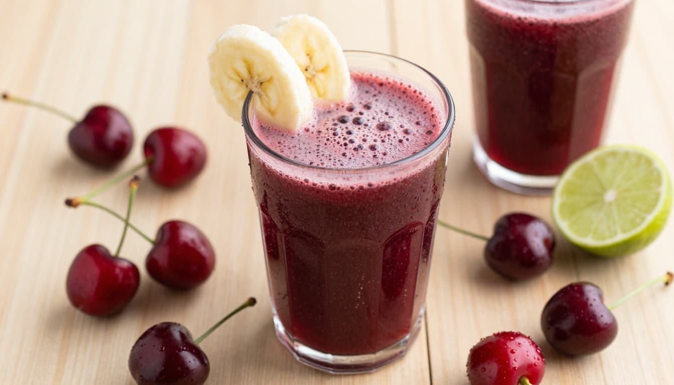 Photorealistic close-up top view of colorful glasses on a wooden table holding a tart cherry juice recovery smoothie topped with banana slices and a tart cherry mocktail with lime wedge and sparkling bubbles, with fresh cherries scattered around in soft natural kitchen lighting.