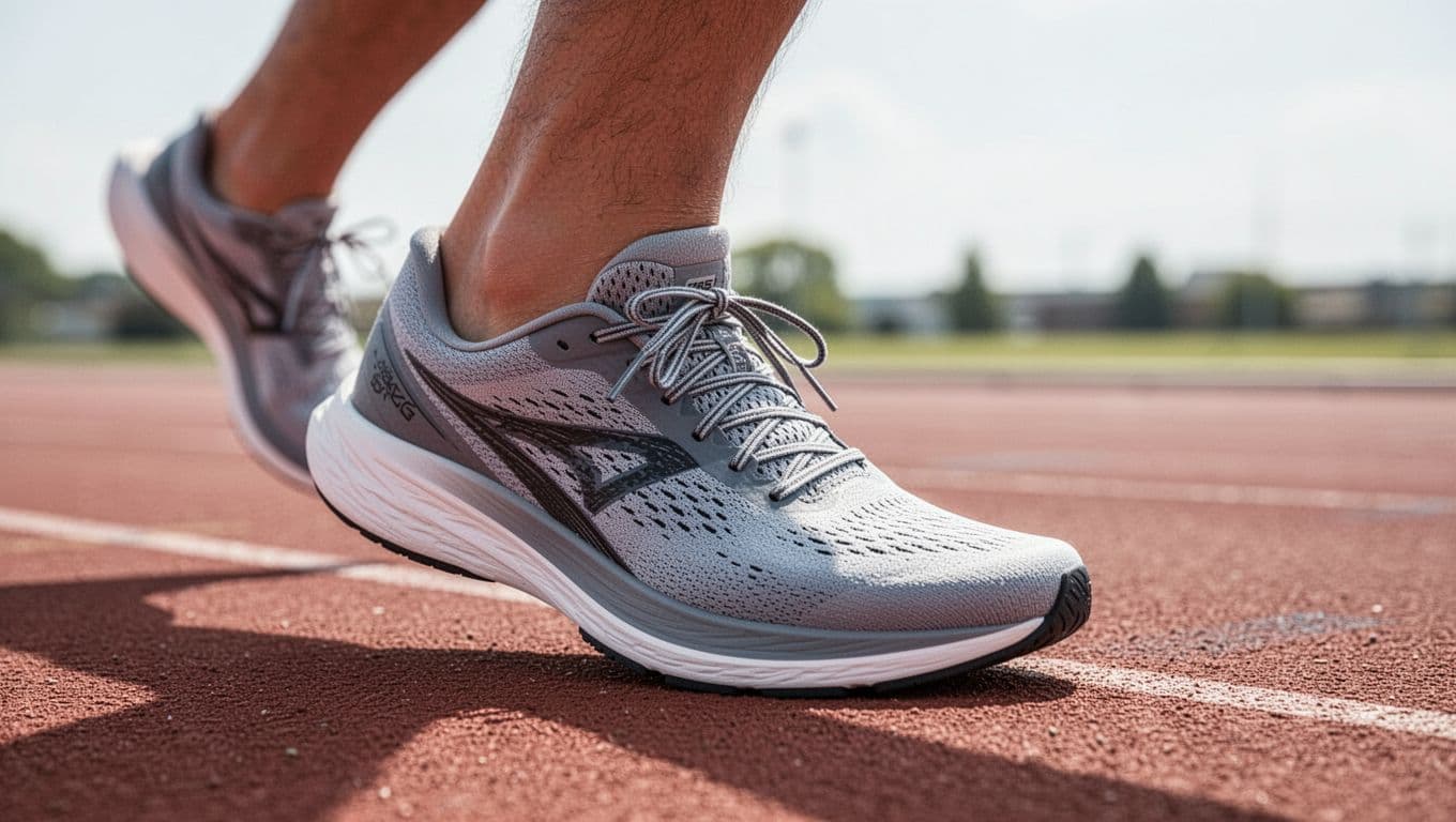 A close-up view captures a person wearing a performance sneaker on a synthetic track surface. The focus highlights the breathable mesh upper fabric, structured laces, and secure midfoot fit profile.