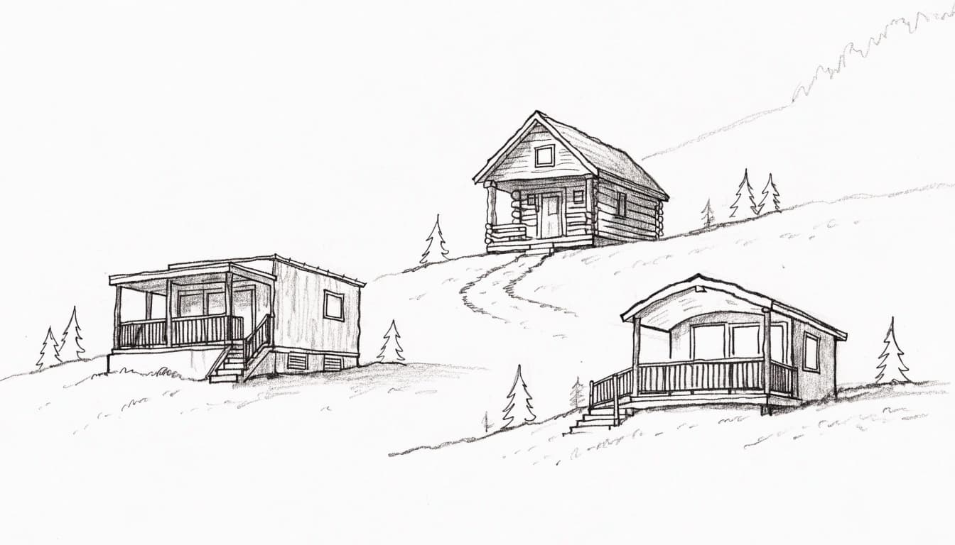 A hand-drawn graphite sketch of three different small dwellings on a wooded hillside.