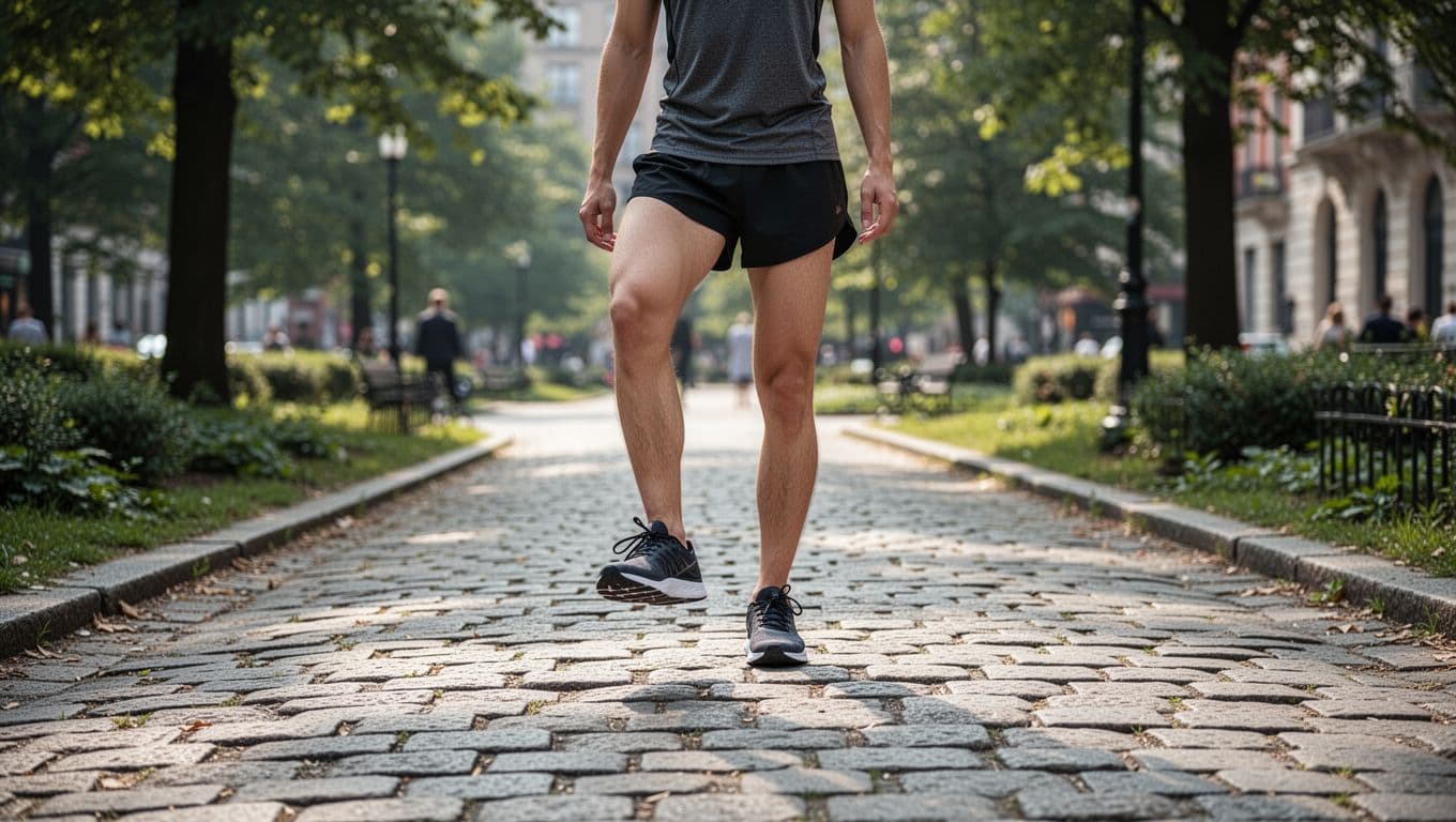 An individual in performance sportswear stands firmly on an uneven stone pathway within a city park. One foot is extended forward to evaluate their balance during a sunny outdoor afternoon.