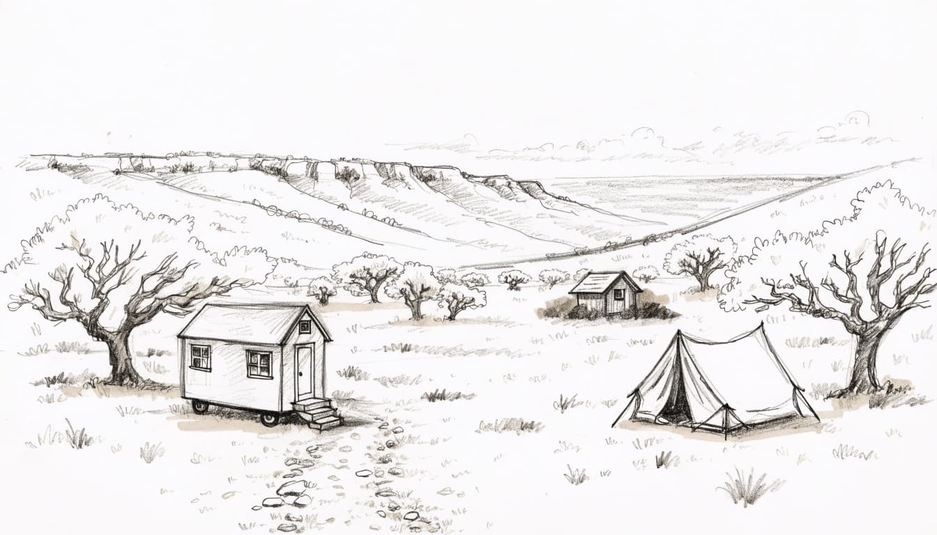 A pencil sketch of a landscape featuring a tiny house, a cabin, and a tent in the Texas Hill Country.