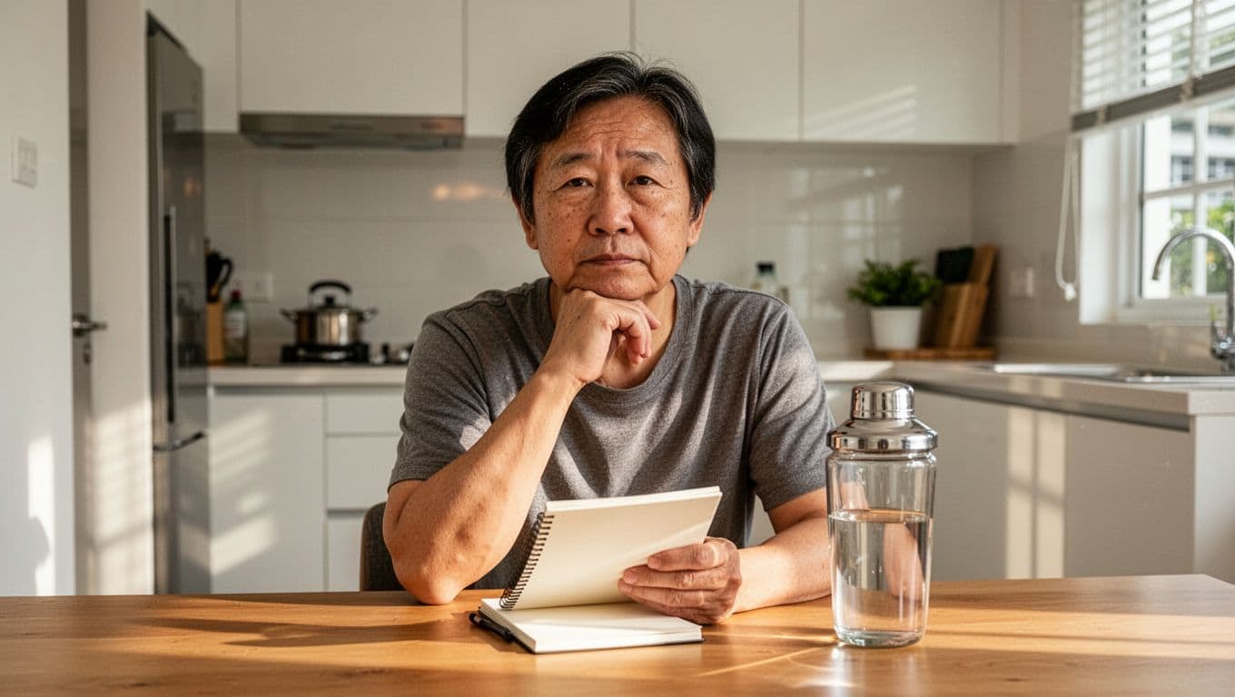 A thoughtful middle-aged Asian person sits at a table in a bright Singapore apartment kitchen, holding a notepad checklist next to a Herbalife shake tub, chin on hand in natural morning light.