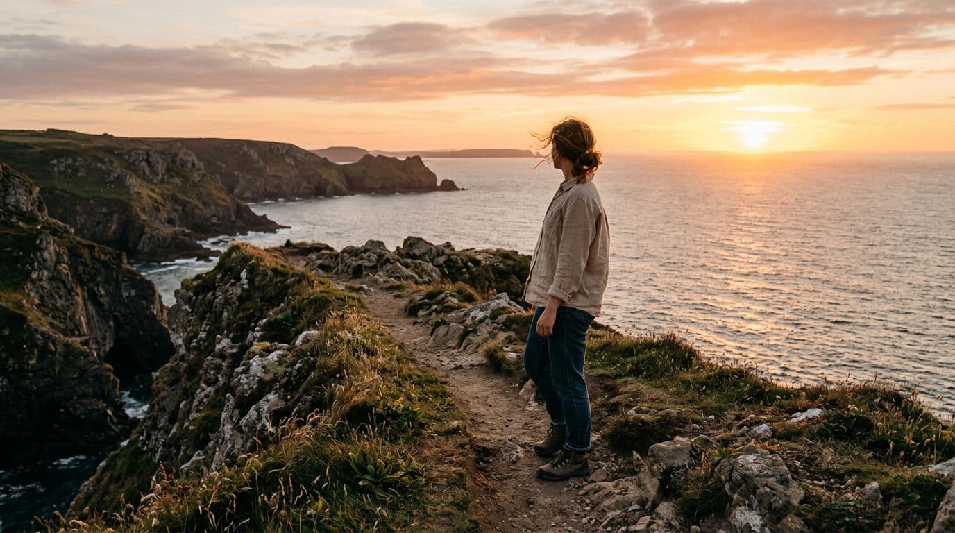 Exactly one person stands thoughtfully on a scenic clifftop path overlooking a vast ocean at golden hour, arms loosely at sides in a relaxed pose symbolizing freedom, wearing simple casual clothes in realistic photography style with warm sunlight.